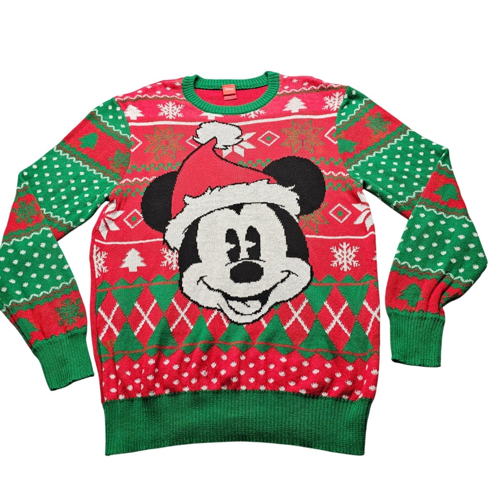Disney Mickey Mouse Christmas Sweater Mens Large Red Green Holiday Fair Isle